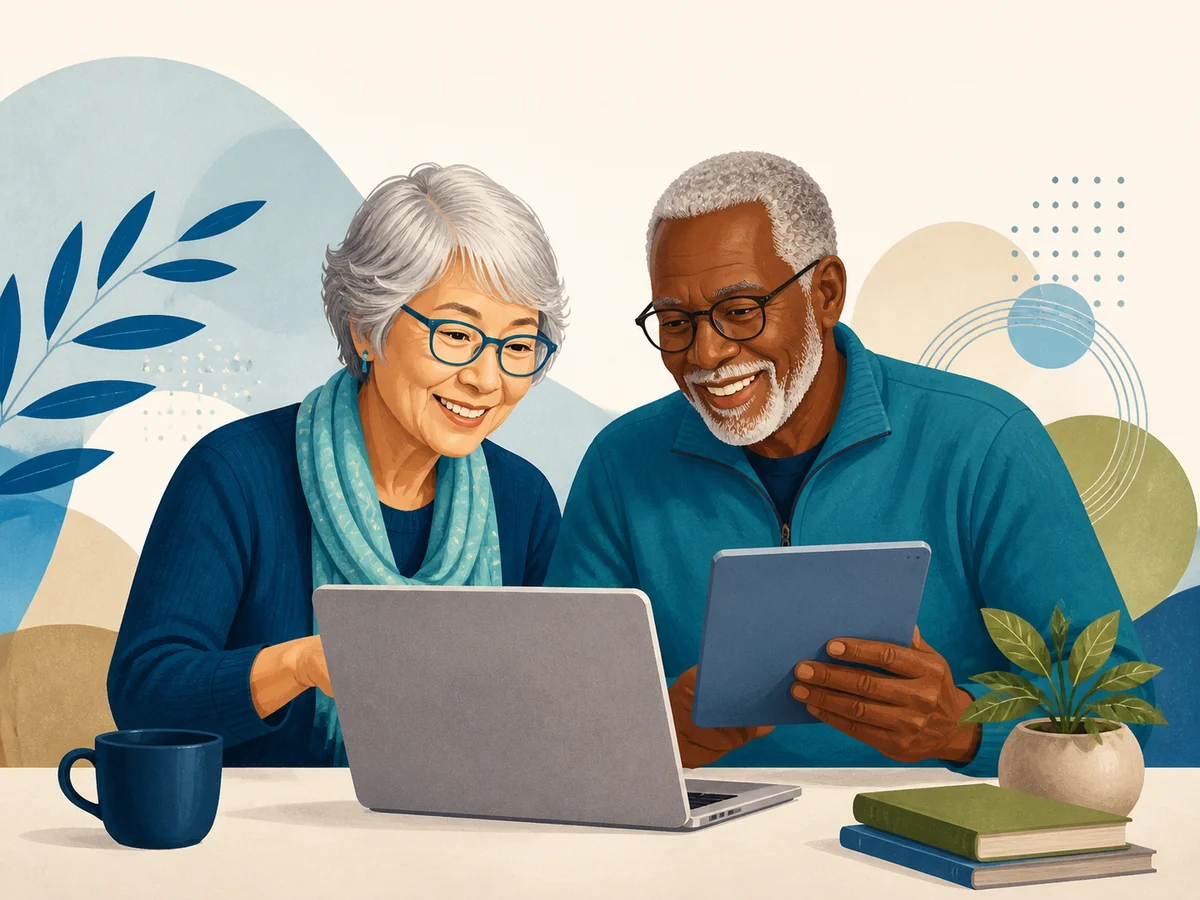 Older adult learners exploring OLÉ courses online together